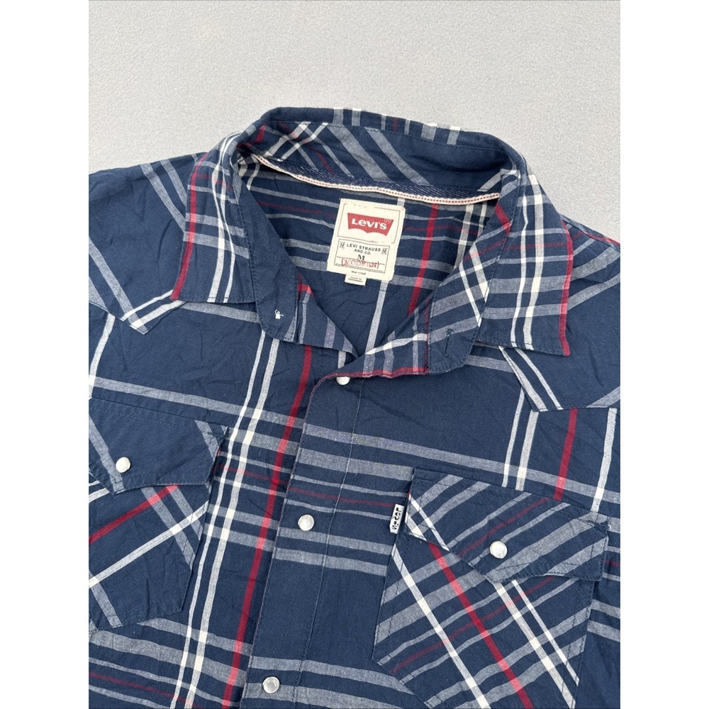 Levi's Short Sleeve Pearl Snap Shirt Men's M Blue Plaid Western Southwestern